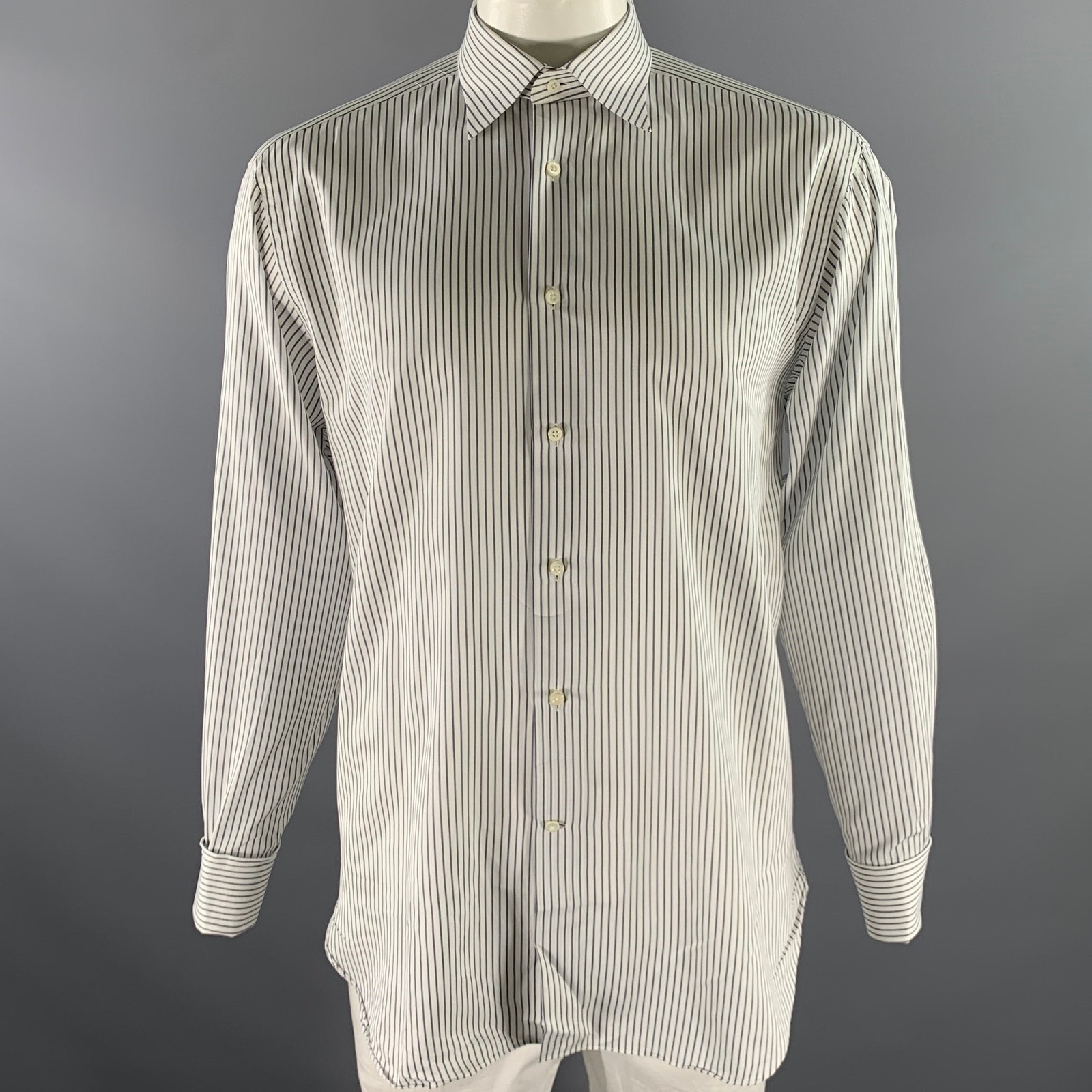 Ermenegildo Zegna Size L White Navy Stripe Cotton French Cuff Long Sleeve Shirt